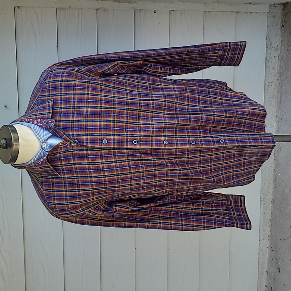 ROBERT GRAHAM Red Gold Blue Plaid Cotton Large Mens Long Sleeve Shirt